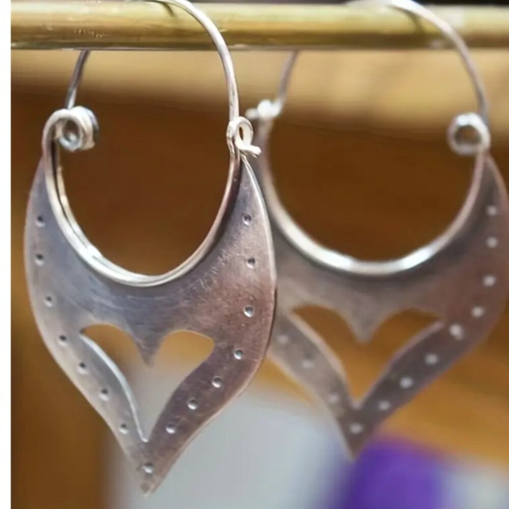 Vintage Bohemian Sterling Silver Cutout Heart Shape Hoop Dangle Earrings